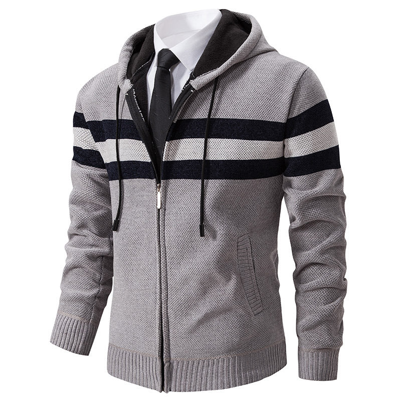 Herren Gestrickte Kapuzen-Strickjacke mit Kontraststreifen und Reißverschluss Nord Taschen