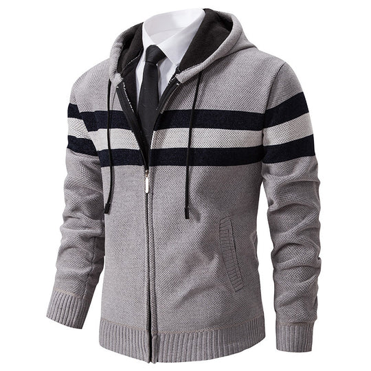 Herren Gestrickte Kapuzen-Strickjacke mit Kontraststreifen und Reißverschluss Nord Taschen