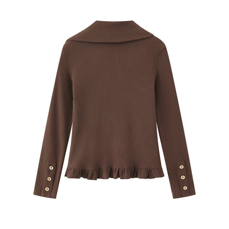 Damen Strickjacke mit Knopfleiste, großem Kragen, Rüschensaum und Stern-Applikationen Nord Taschen