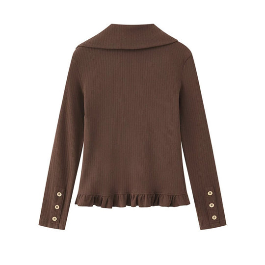 Damen Strickjacke mit Knopfleiste, großem Kragen, Rüschensaum und Stern-Applikationen Nord Taschen