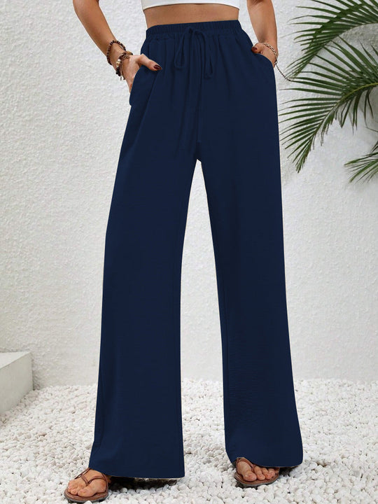 Damen Lässige, Breite Freizeithose mit Elastischem Bund und Seitlichen Taschen