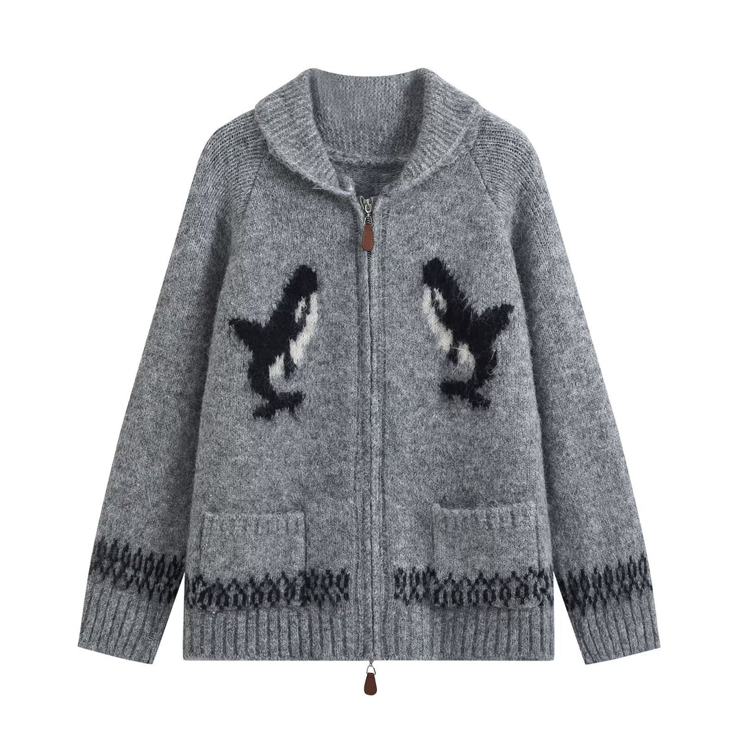 Damen Grobgestrickter Zip-Cardigan mit Schalkragen und Intarsia-Motiv Nord Taschen