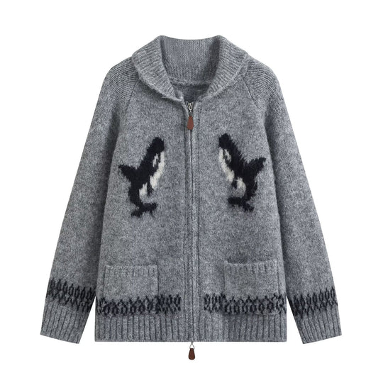 Damen Grobgestrickter Zip-Cardigan mit Schalkragen und Intarsia-Motiv Nord Taschen