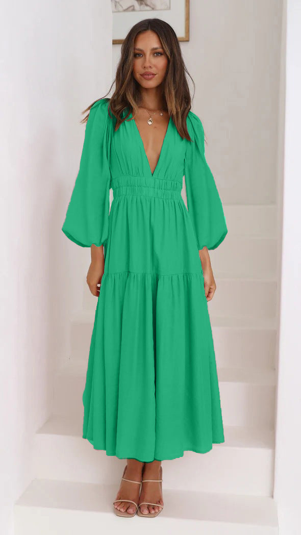 Damen Langarm Maxikleid mit tiefem V-Ausschnitt und weitem Rock