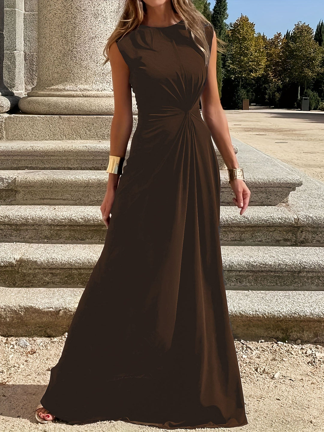 Damen Elegantes Maxikleid mit Raffungen und Rundhalsausschnitt