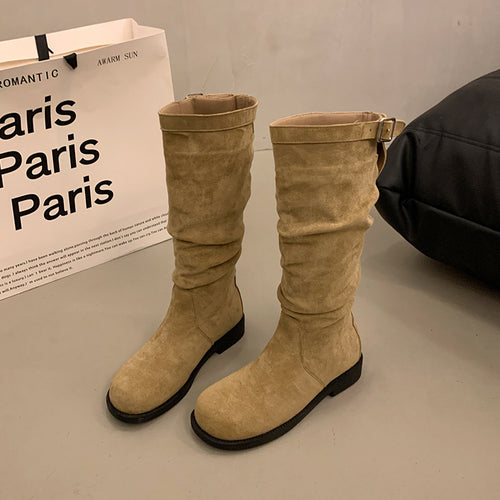 Damen Schaftstiefel aus Veloursleder mit gerafftem Schaft und verstellbarer Schnallenlasche Nord Taschen