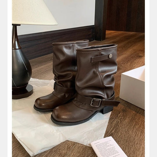 Damen Mid-Calf Bikerstiefel aus Glattleder mit verstellbarem Schnallenriemen Nord Taschen