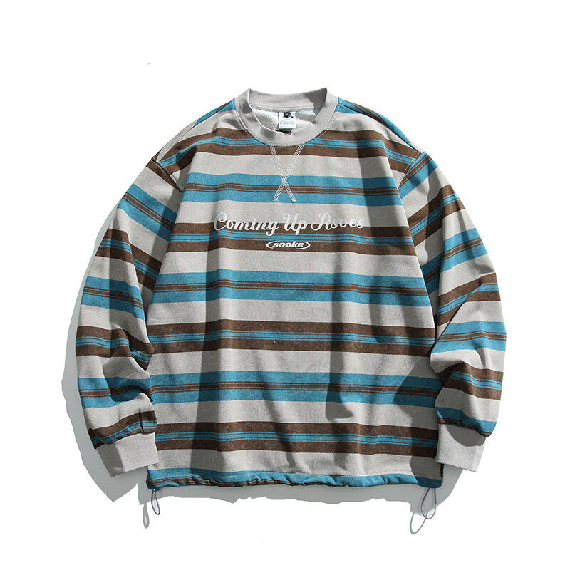 Herren Oversized Gestreiftes Sweatshirt mit Kordelzugsaum und Rundhals Nord Taschen