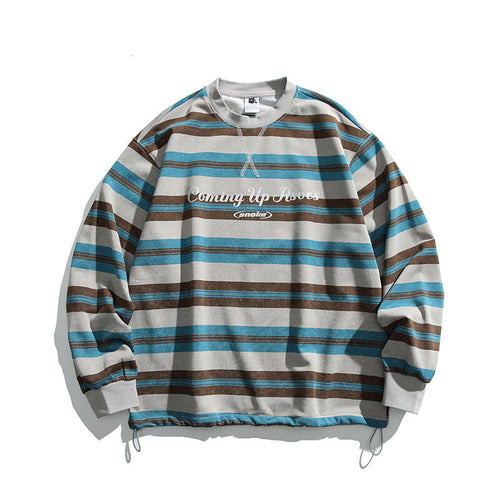 Herren Oversized Gestreiftes Sweatshirt mit Kordelzugsaum und Rundhals Nord Taschen