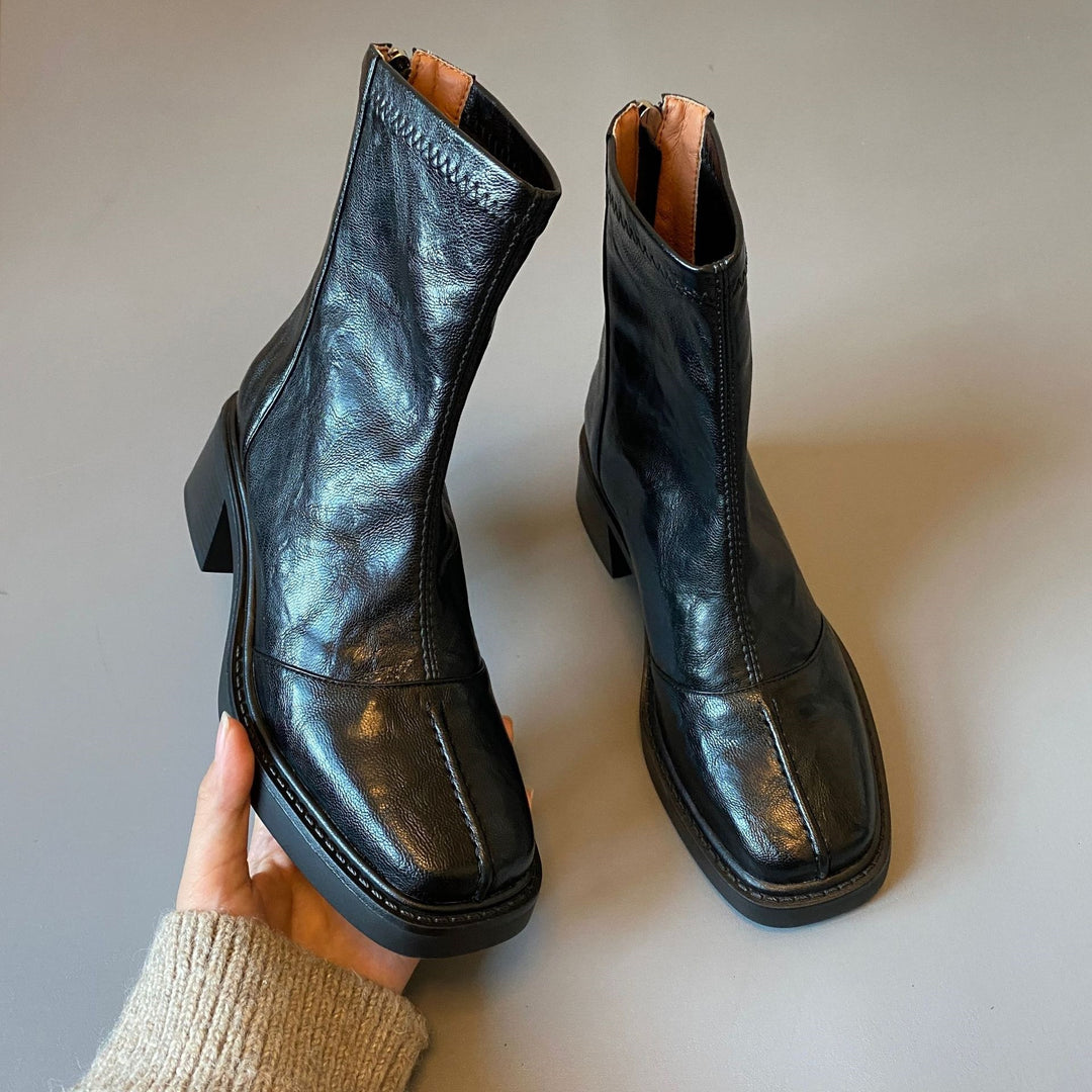 Damen knöchelhohe Lederstiefelette mit quadratischer Zehenpartie und rückseitigem Reißverschluss Nord Taschen