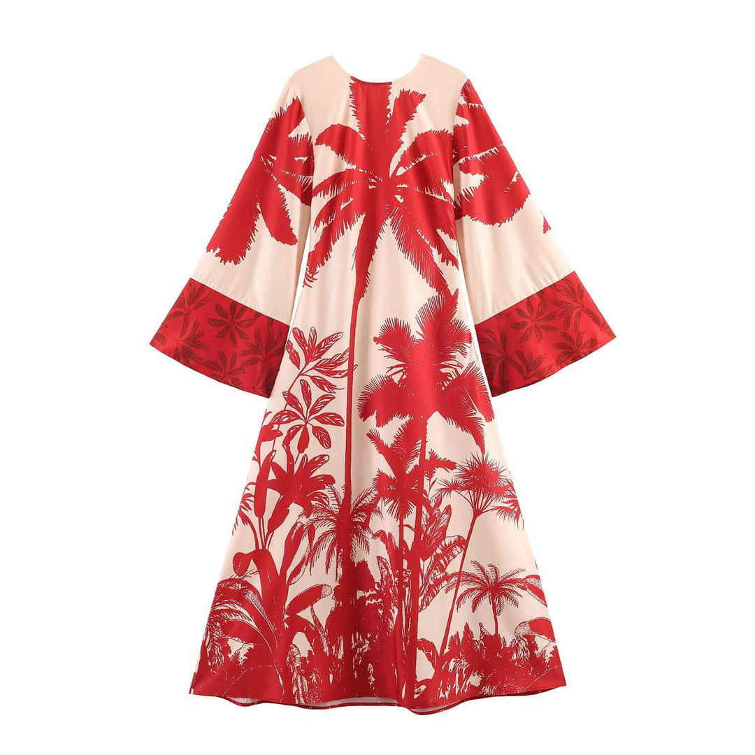 Damen Midikleid im Kimono‑Stil mit weitem Glockenärmel und tropischem Palmendruck Nord Taschen