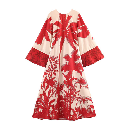 Damen Midikleid im Kimono‑Stil mit weitem Glockenärmel und tropischem Palmendruck Nord Taschen