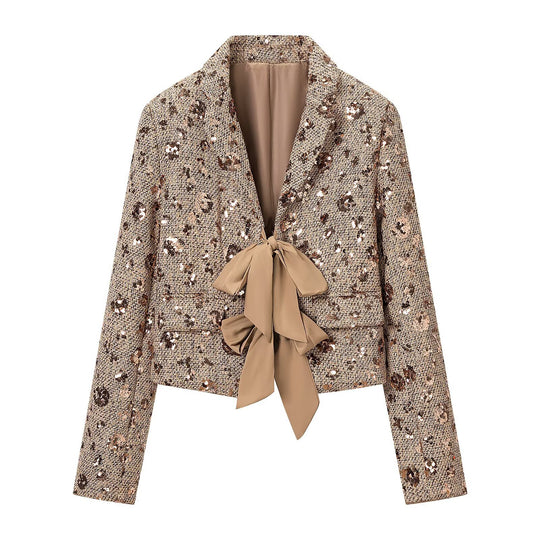 Damen Kurzblazer aus Tweed mit Paillettenbesatz und Schleifenverschluss Nord Taschen