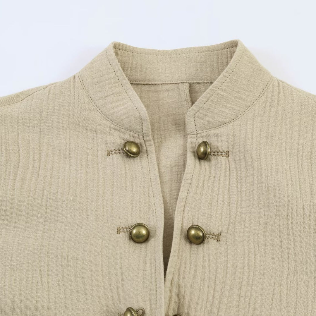 Damen leichte taillierte Baumwollblazer-Jacke mit Stehkragen und Zierknopfleiste Nord Taschen