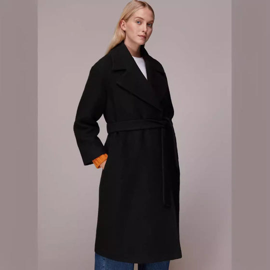 Damen Midilanger Wollmix‑Longmantel mit minimalem Schalkragen und relaxed Silhouette Nord Taschen