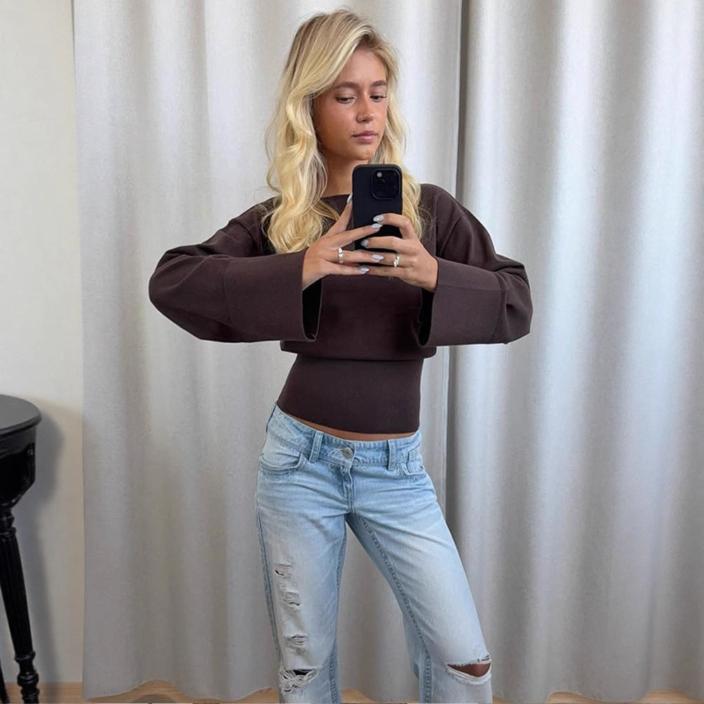 Damen Cropped Feinstrick-Pullover mit weiten Manschettenärmeln und tailliertem Rippbund Nord Taschen