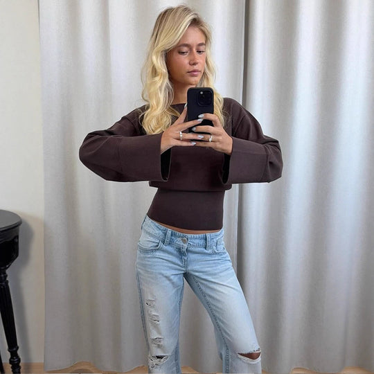 Damen Cropped Feinstrick-Pullover mit weiten Manschettenärmeln und tailliertem Rippbund Nord Taschen