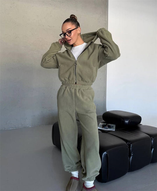Damen kuscheliges Fleece-Hoodie und Jogginghose Lounge-Set mit Reißverschluss Kapuze elastischem Bund Nord Taschen