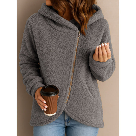 Damen Teddy-Fleecejacke mit asymmetrischem Reißverschluss, Kapuze und gewelltem Saum Nord Taschen