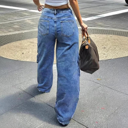 Damen Cargo-Jeanshose im weiten Baggy‑Cut mit hoher Taille und Utility‑Taschen Nord Taschen