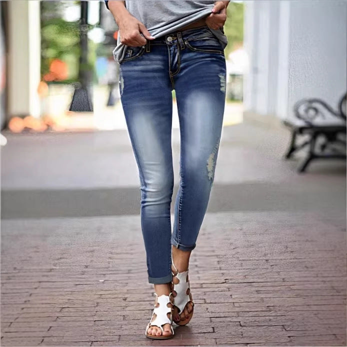 Damen Cropped Slim-Fit Denimhose mit mittelhohem Bund, Cuffed‑Saum und dezenter Used‑Optik Nord Taschen