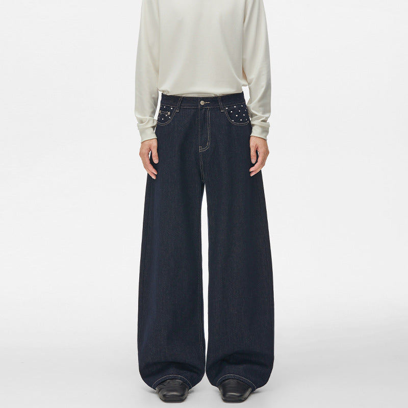 Unisex Ultraweite Palazzodenim-Hose mit Nietenbesetzten Eingrifftaschen und bodenlangem Saum Nord Taschen