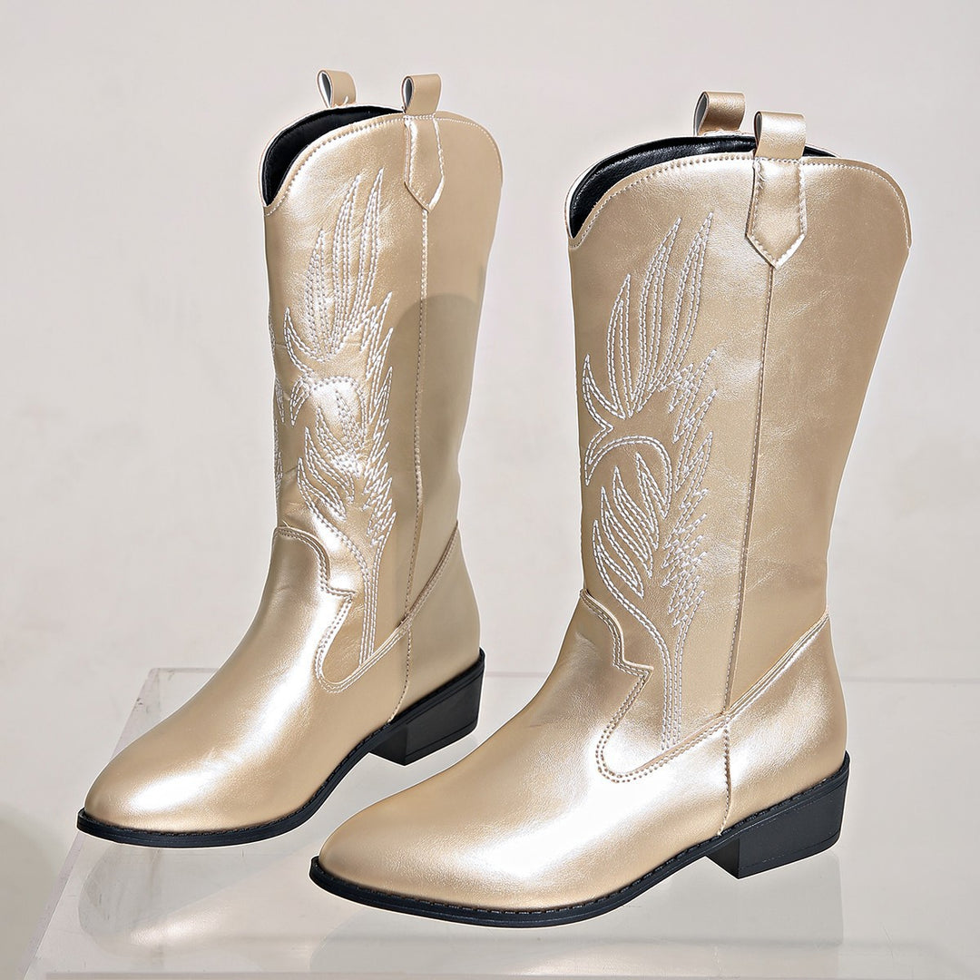 Damen nan Cowgirl-Kniehoher Stiefel mit dekorativer Stickerei, Pull‑Tabs und komfortablem Blockabsatz Nord Taschen