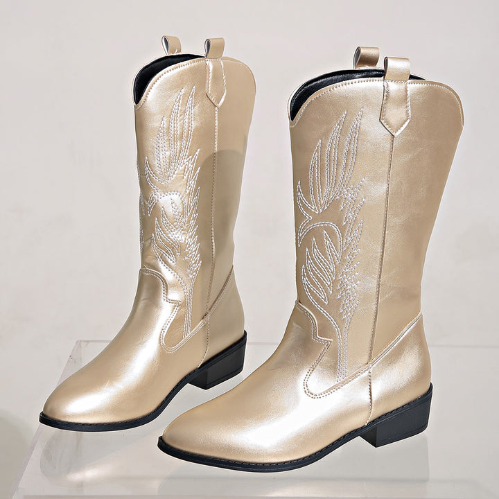 Damen nan Cowgirl-Kniehoher Stiefel mit dekorativer Stickerei, Pull‑Tabs und komfortablem Blockabsatz Nord Taschen