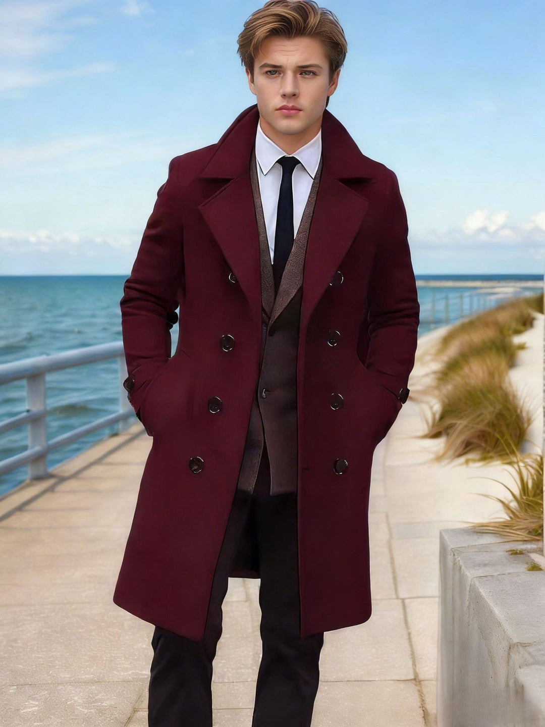 Herren Eleganter einreihiger Langmantel aus Wollmix mit schmaler Silhouette und Reverskragen Nord Taschen