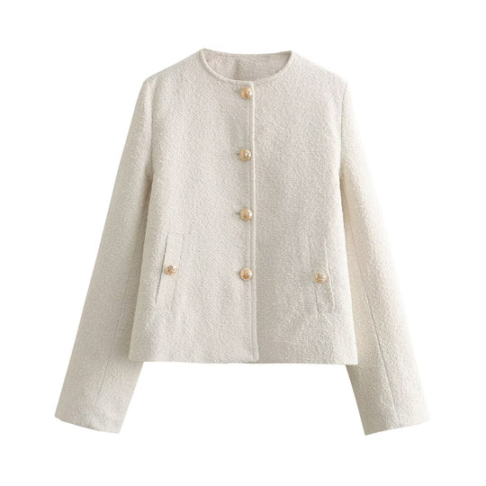 Damen Boxy-Boucléjacke mit Rundhalsausschnitt, Zierknopfleiste und Pattentaschen Nord Taschen
