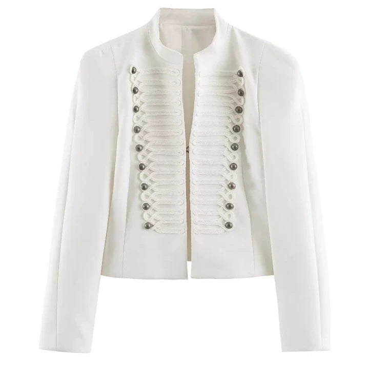 Damen Taillierter Cropped‑Blazer mit militärischer Galonverzierung und Stehkragen Nord Taschen