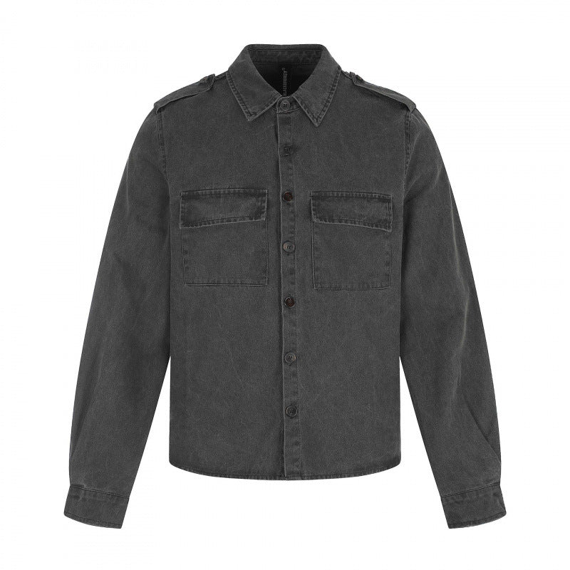 Damen Kastenförmige Overshirt-Jacke aus Denim mit Schulterklappen und aufgesetzten Brusttaschen Nord Taschen