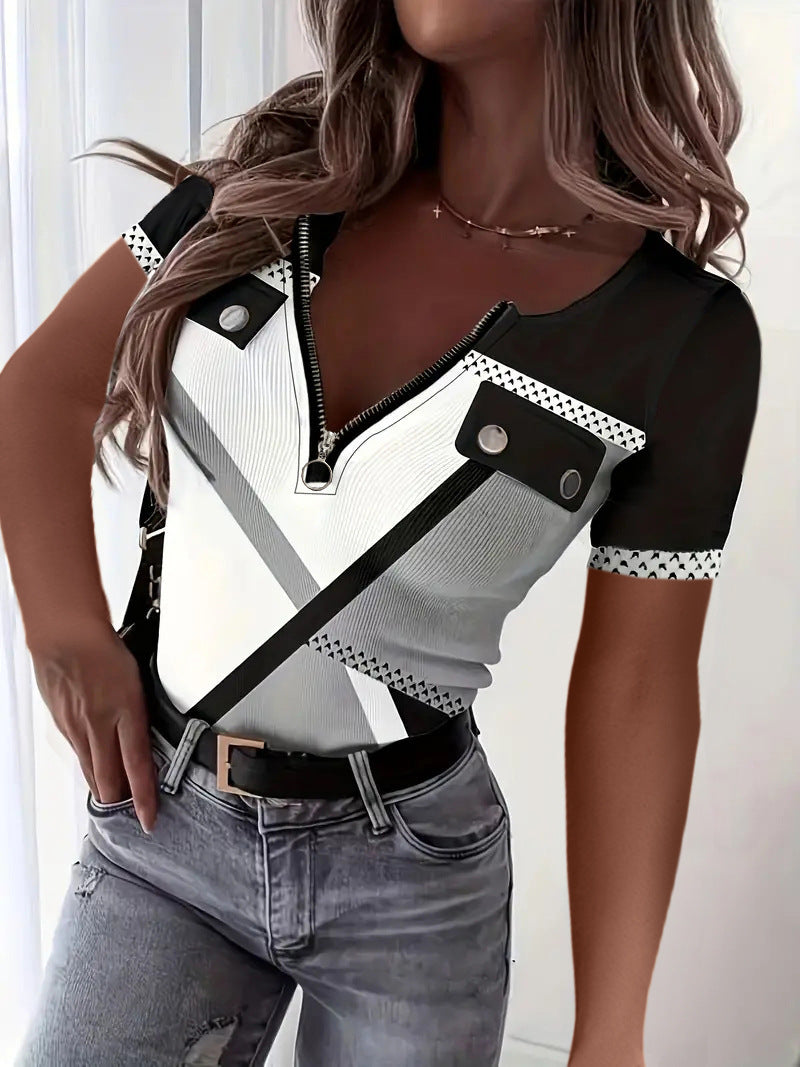 Damen Kurzarm Oberteil mit Reißverschluss und geometrischem Design Nord Taschen