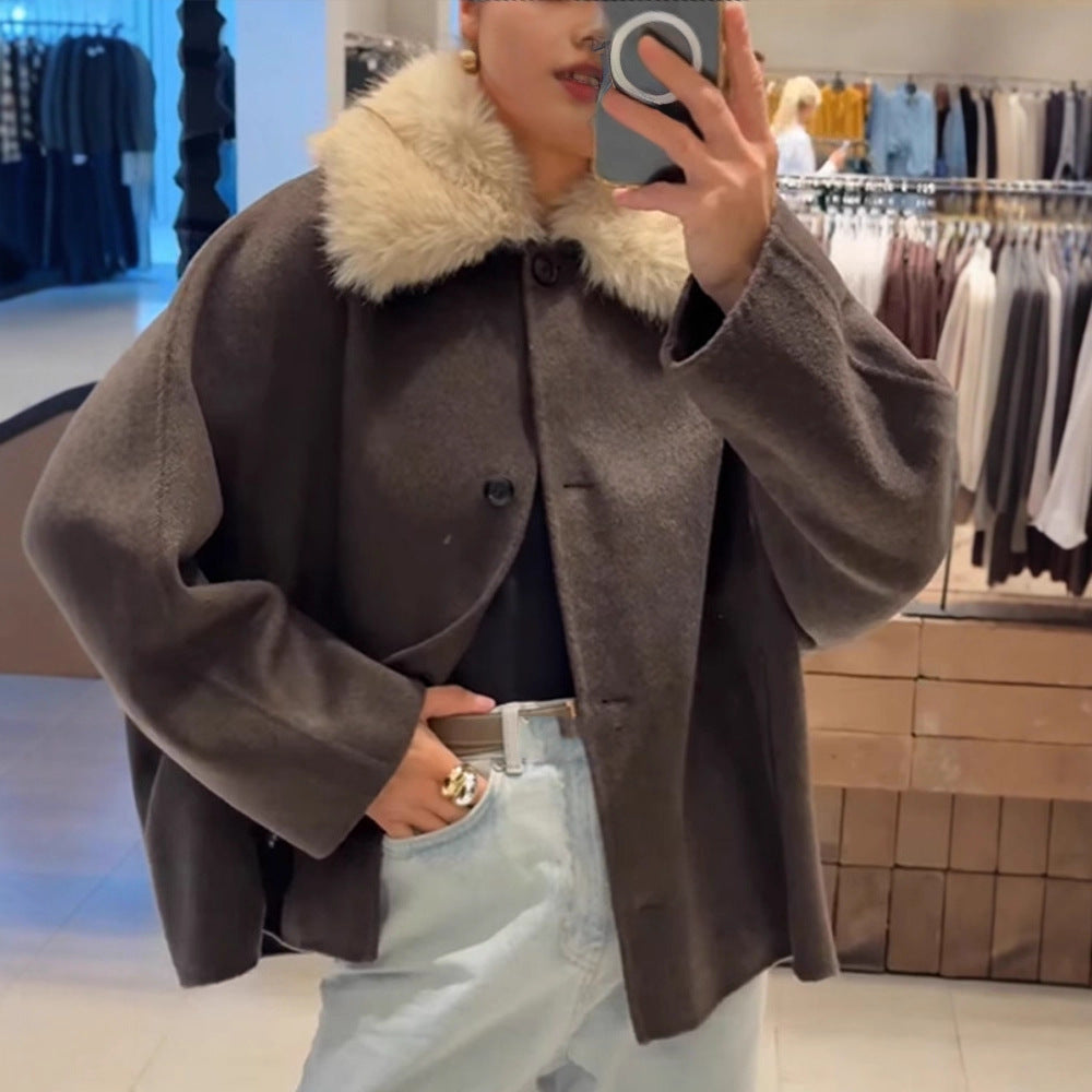 Damen Boxy-Cropped Wollmix-Jacke mit weichem Kunstpelz‑Schalkragen Nord Taschen