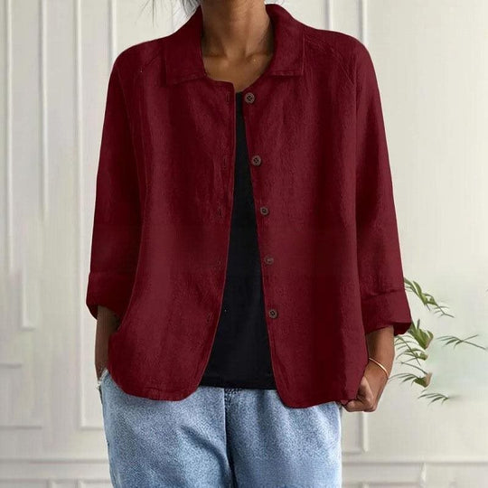 Damen Oversized Leinen-Hemdjacke mit Hemdkragen, 3/4-Ärmeln und durchgehender Knopfleiste Nord Taschen