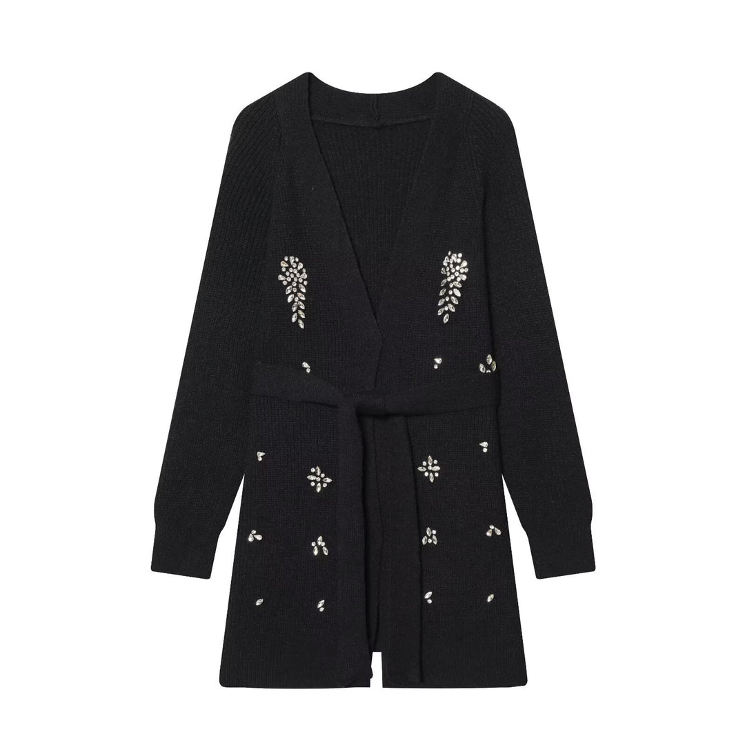 Damen Longcardigan mit Bindegürtel und Schmuckstein‑Applikation Nord Taschen