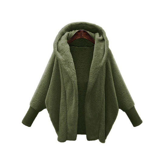 Damen Kuscheliger Oversize-Kapuzencardigan aus Teddyfleece mit Fledermausärmeln Nord Taschen