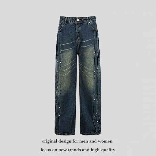 Damen Weite Denim-Jeans mit Druckknopf-Seitenleisten, hoher Taille und Used-Waschung Nord Taschen