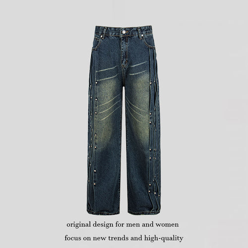 Damen Weite Denim-Jeans mit Druckknopf-Seitenleisten, hoher Taille und Used-Waschung Nord Taschen