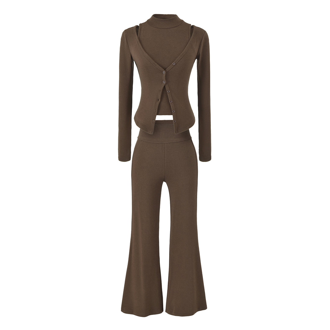 Damen Figurbetontes Layering-Set mit Rollkragen-Longsleeve und asymmetrischer Knopfjacke und ausgestellter High-Waist Hose Nord Taschen