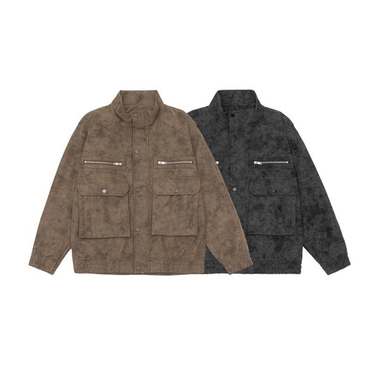Herren Boxy Utility-Blousonjacke aus Veloursoptik mit Stehkragen und Mehrfachtaschen Nord Taschen