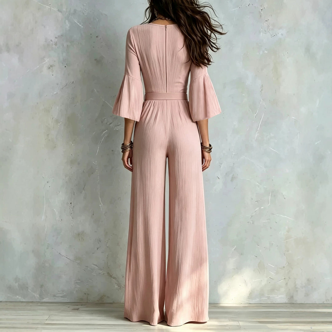 Damen Jumpsuit Wickel-Optik mit weitem Bein, Taillengürtel und Glockenärmeln Nord Taschen