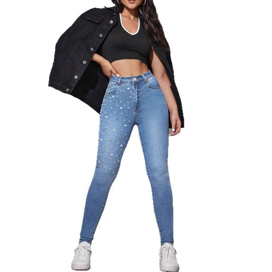 Damen Hochgeschnittene Sculpting-Skinny-Jeans mit asymmetrischem Perlenmuster Nord Taschen