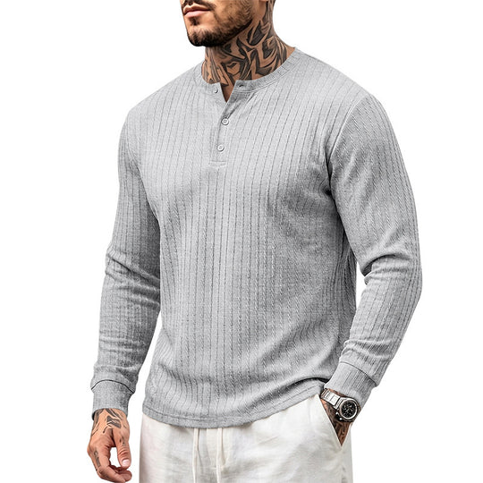Herren Feinstrukturiertes Henley-Langarmshirt mit Zopfmuster und Knopfleiste Nord Taschen