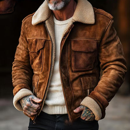 Herren Lammfell‑Imitat‑Fliegerjacke im Vintage‑Lederlook Nord Taschen