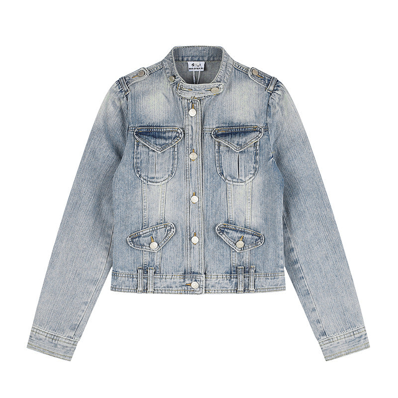 Damen Kurze Jeansjacke im Military-Stil mit Stehkragen, Schulterklappen und Pattentaschen Nord Taschen