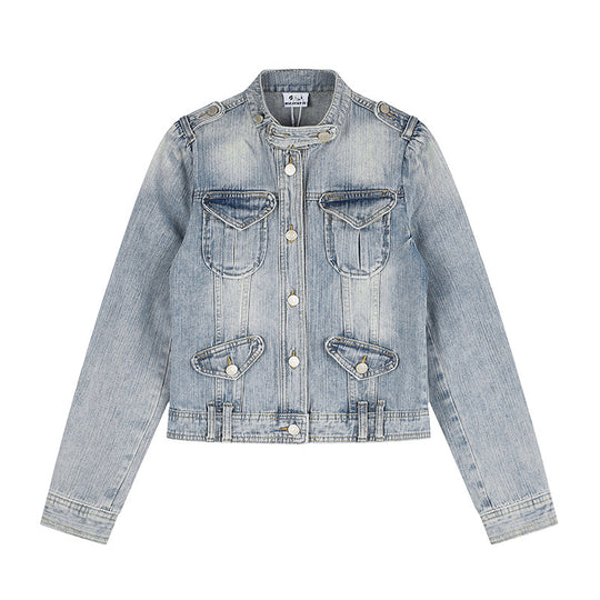 Damen Kurze Jeansjacke im Military-Stil mit Stehkragen, Schulterklappen und Pattentaschen Nord Taschen