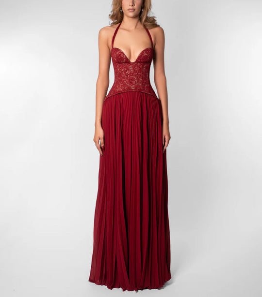 Damen nan Neckholder-Korsettkleid mit Spitzen-Corsage und fließendem Plisseerock