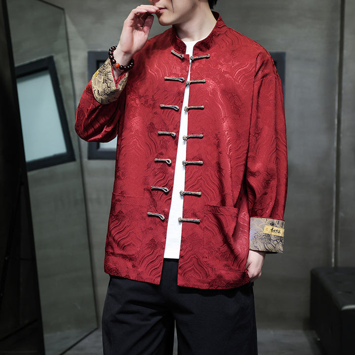 Herren traditionelle Tangjacke mit chinesischem Knotenverschluss und Brokatärmeln Nord Taschen