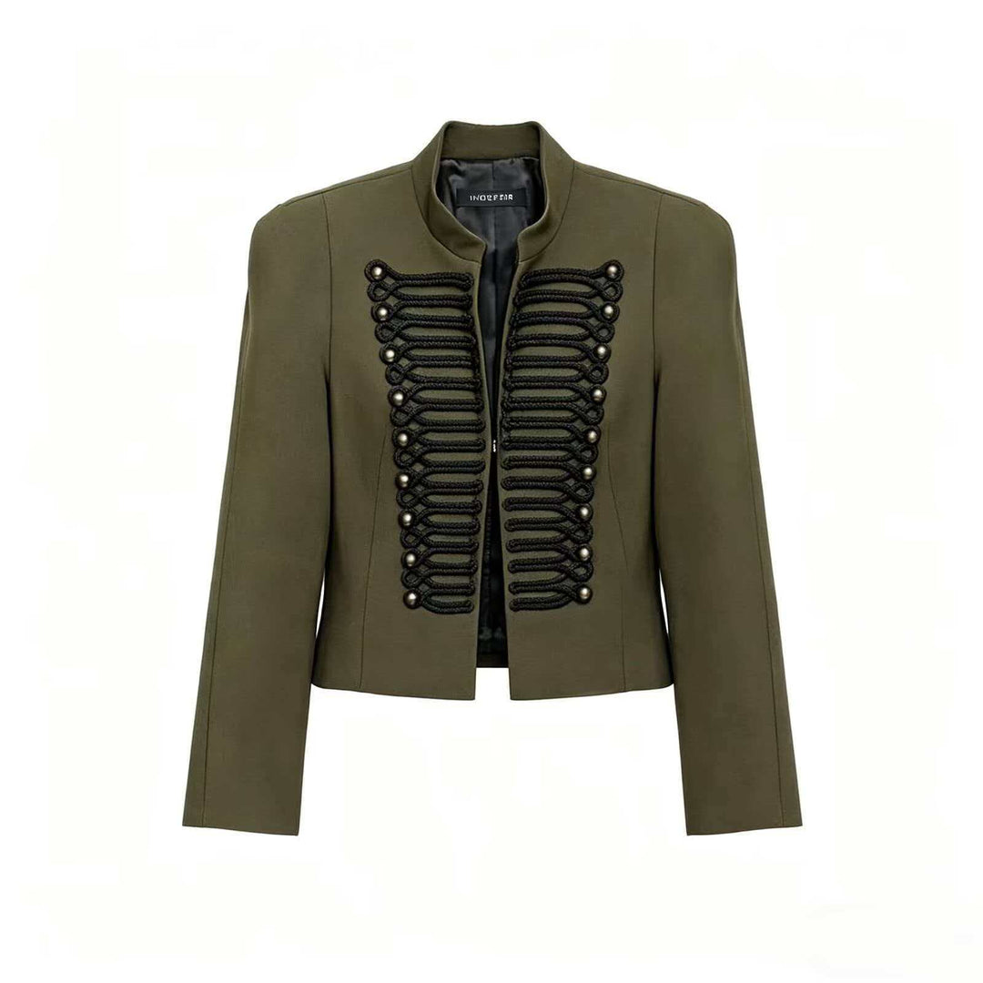 Damen Cropped Blazer im Husarenstil mit Stehkragen, Zierkordeln und Messingknöpfen Nord Taschen